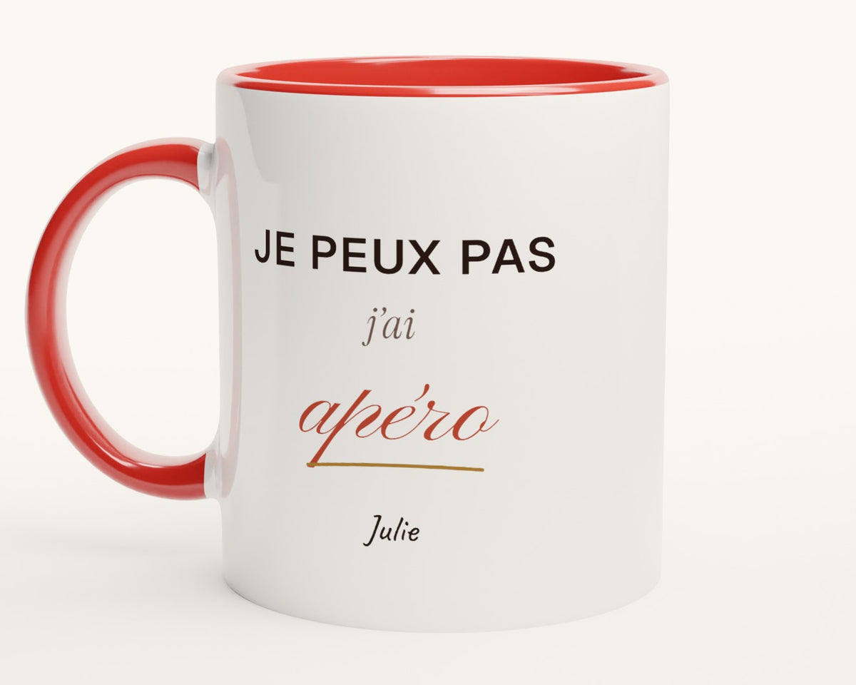 Mug humour « Je peux pas, j'ai apéro » personnalisé – intérieur et anse rouges