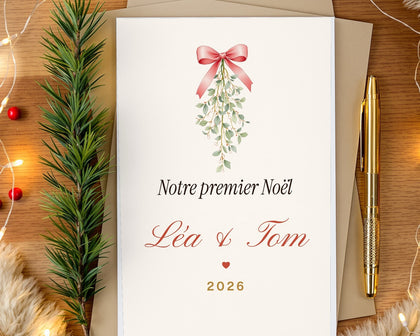Carte de Noël couple sous le gui personnalisée (lot de 10)
