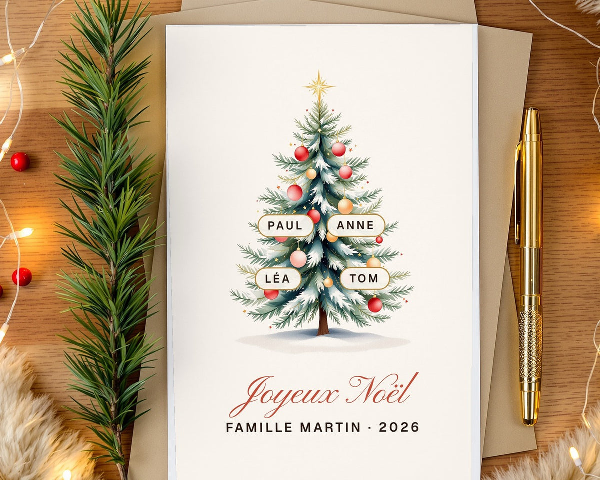 Carte de vœux sapin de famille personnalisée (lot de 10) – mise en situation