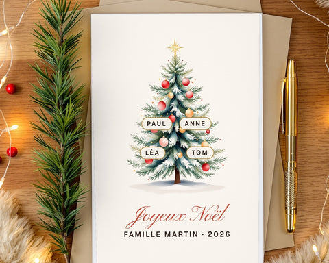Carte de vœux sapin de famille personnalisée (lot de 10)