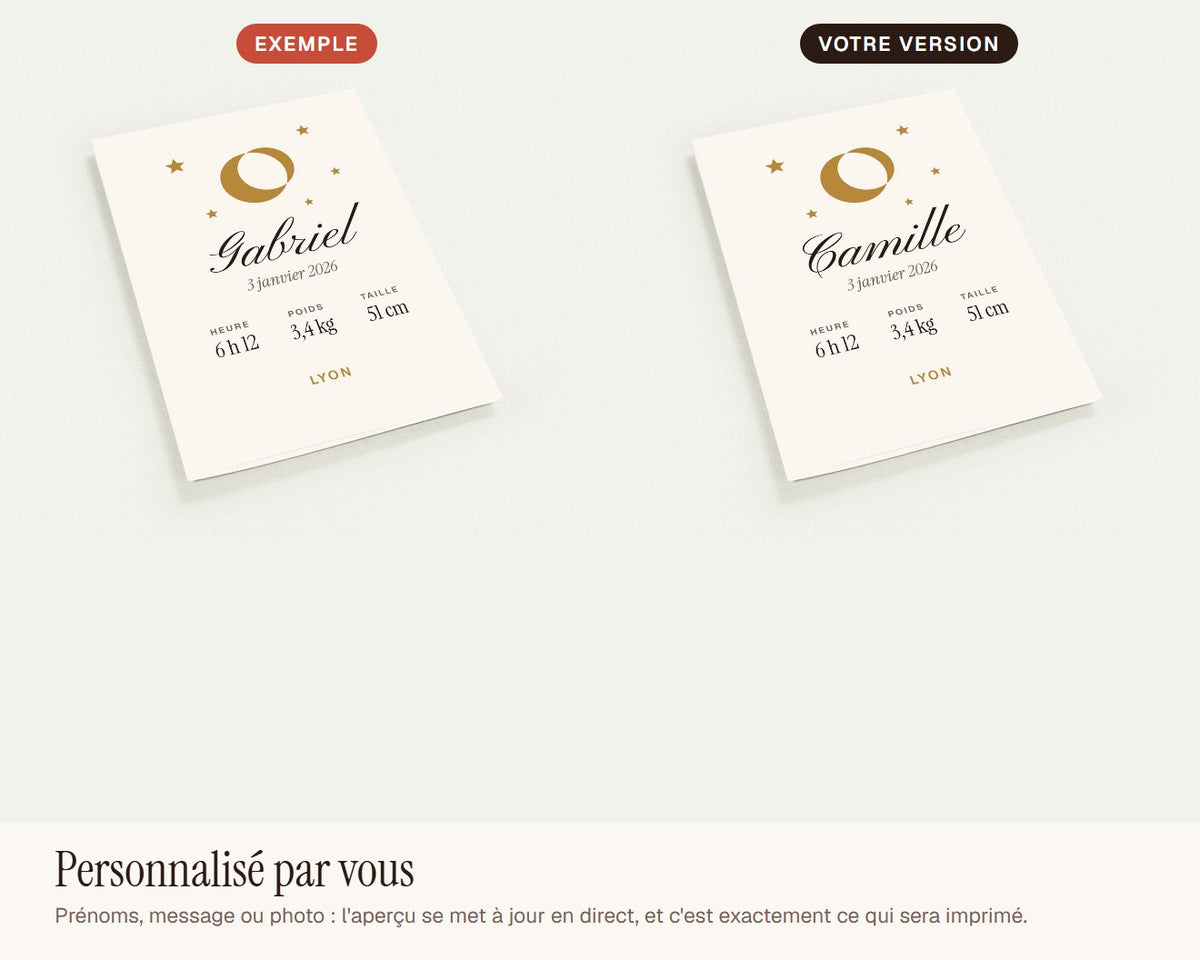 Faire-part de naissance « lune et étoiles » personnalisé (lot de 10) – exemple de personnalisation