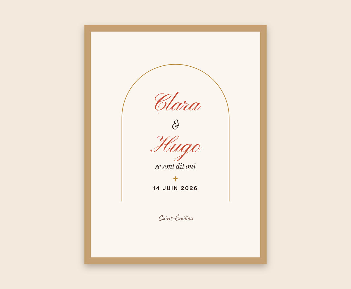 Affiche de mariage personnalisée avec prénoms, date et lieu – Affiche encadrée bois