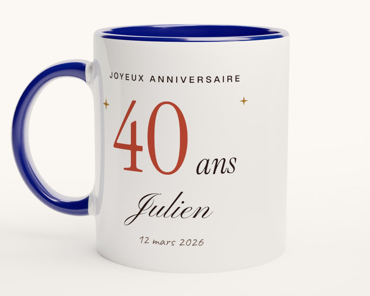 Mug personnalisé anniversaire avec l'âge et le prénom – intérieur et anse bleus