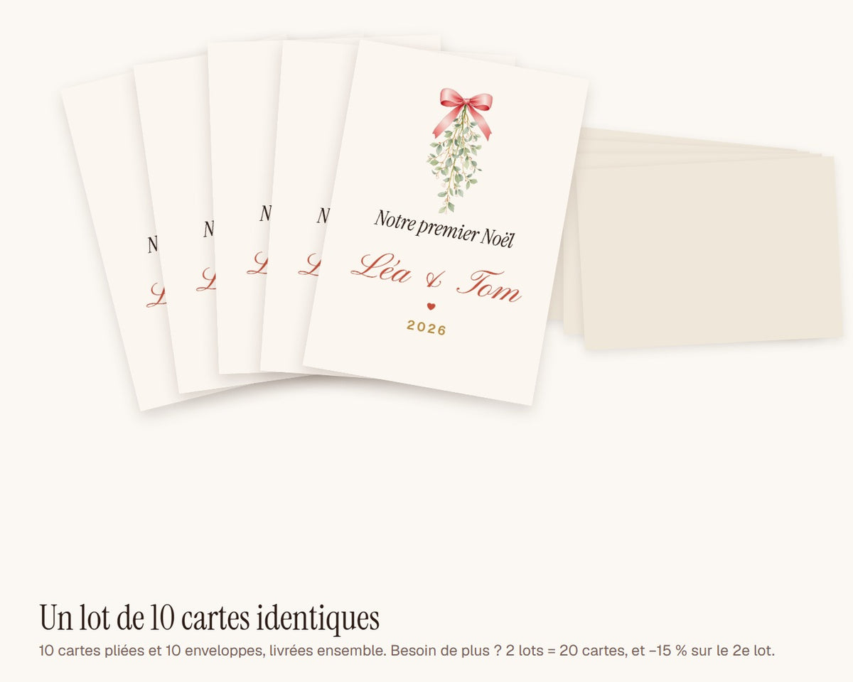 Carte de Noël couple sous le gui personnalisée (lot de 10) – lot de 10 cartes et enveloppes