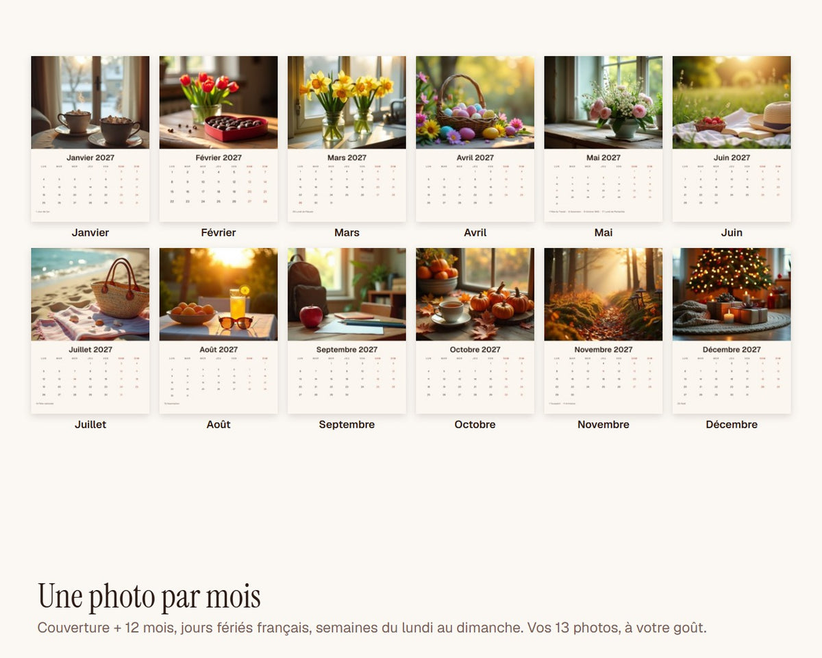 Calendrier photo 2027 pleine page personnalisé – les douze mois