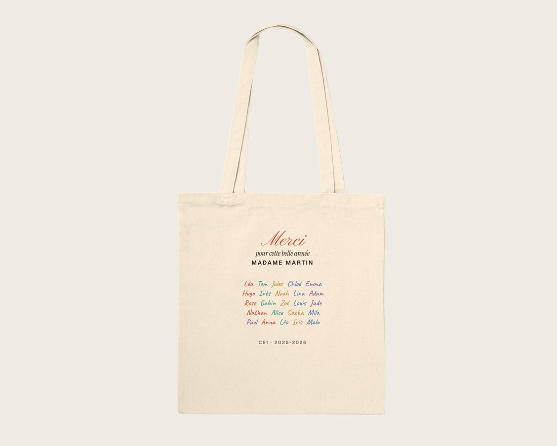 Tote bag « Merci » avec les prénoms de toute la classe – tote bag en coton naturel