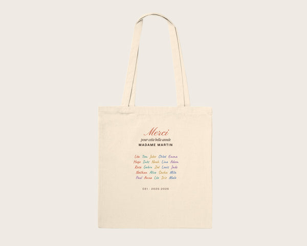 Tote bag « Merci » avec les prénoms de toute la classe – tote bag en coton naturel