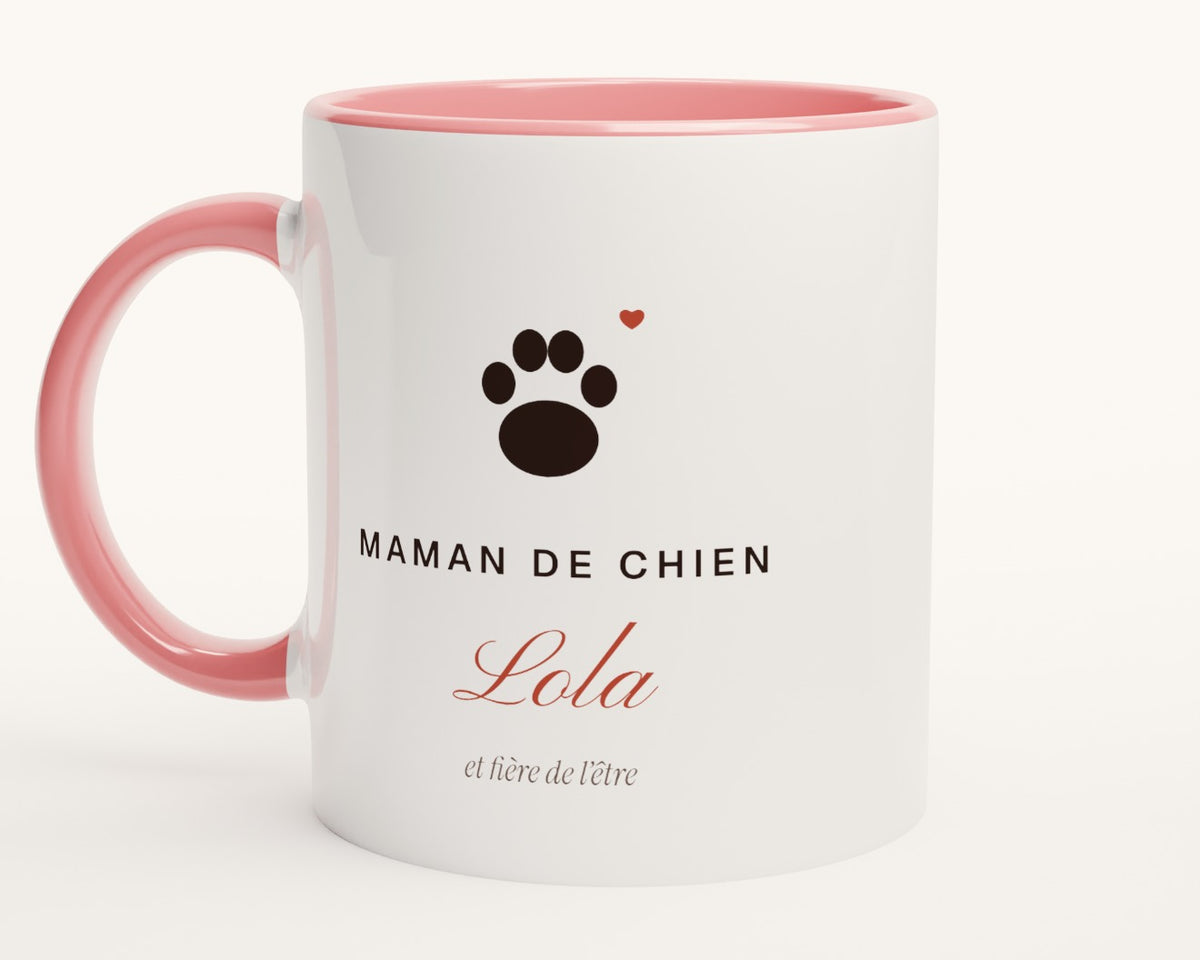 Mug « Maman de chien » personnalisé avec son nom – intérieur et anse roses