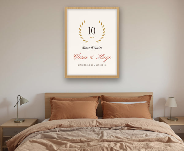Affiche anniversaire de mariage personnalisée (noces) – mise en situation, encadrée au mur