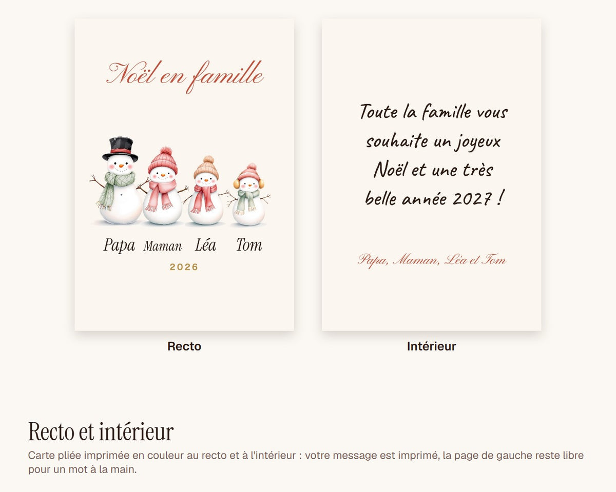 Carte de Noël bonshommes de neige personnalisée (lot de 10) – recto et intérieur