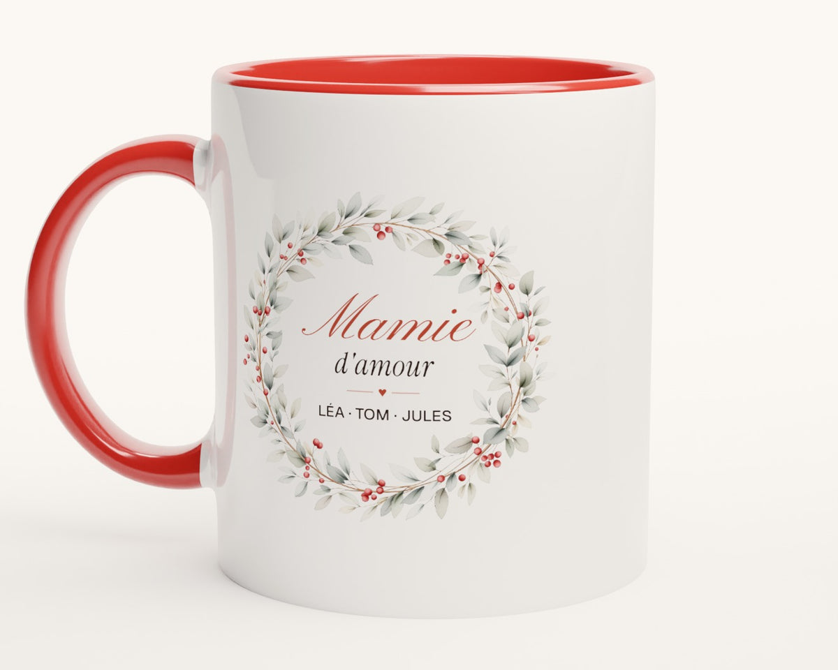 Mug personnalisé « Mamie d'amour » avec les prénoms – intérieur et anse rouges
