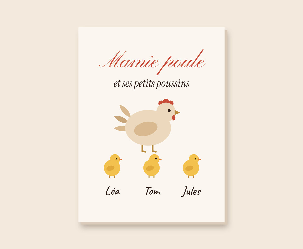 Affiche « Mamie poule » personnalisée avec les petits-enfants – Toile 30×40 cm