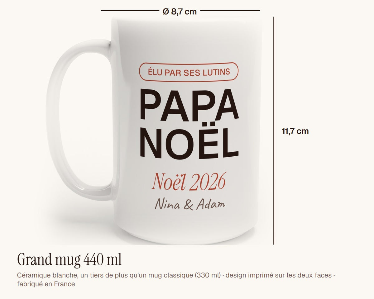 Mug « Papa Noël » personnalisé avec les prénoms des enfants – grand mug 440 ml, 11,7 cm de haut