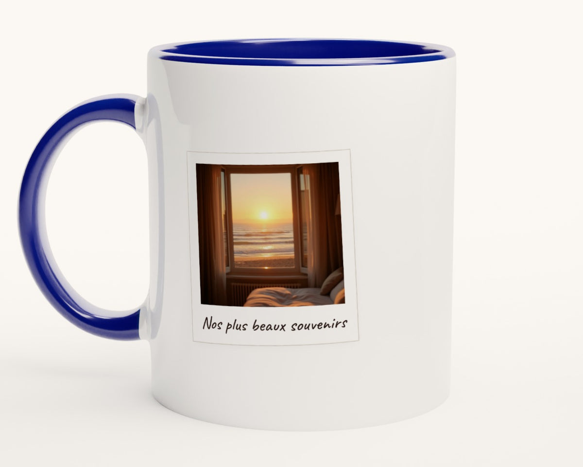 Mug photo polaroid personnalisé avec légende – intérieur et anse bleus