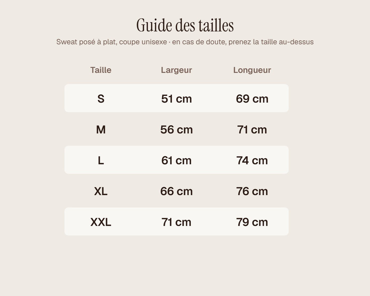 Guide des tailles du sweat brodé