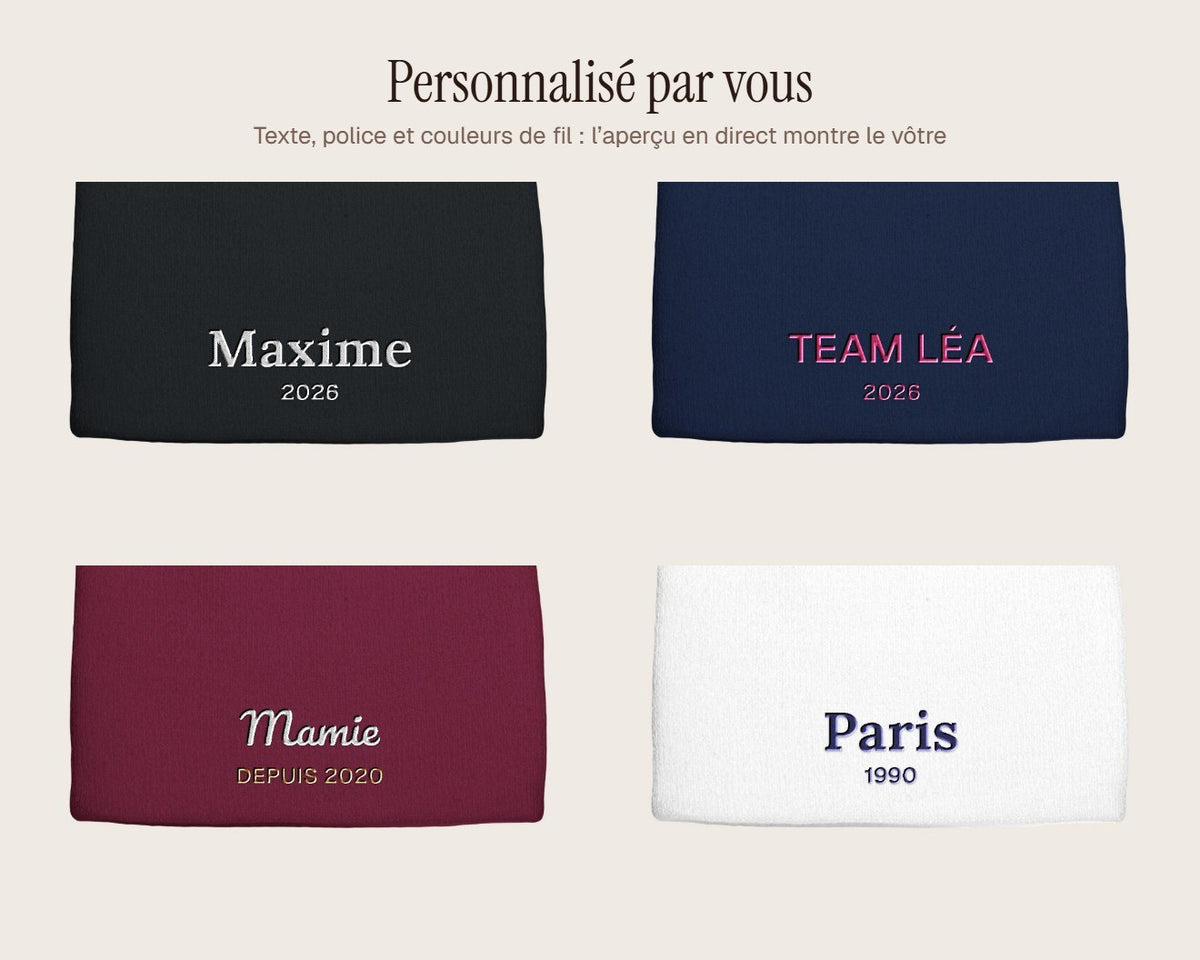 Exemples de personnalisation : Bonnet brodé ville et année personnalisé