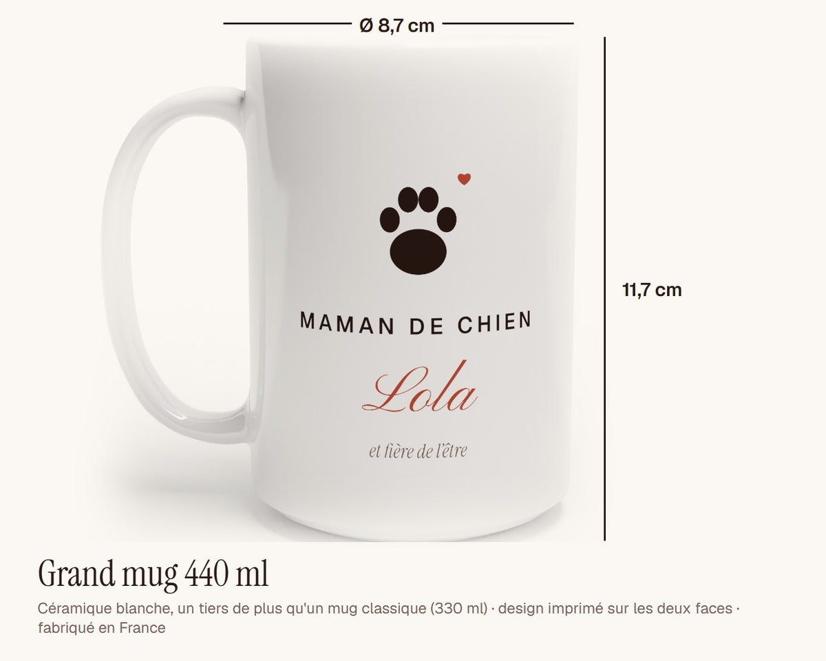 Mug « Maman de chien » personnalisé avec son nom – grand mug 440 ml, 11,7 cm de haut