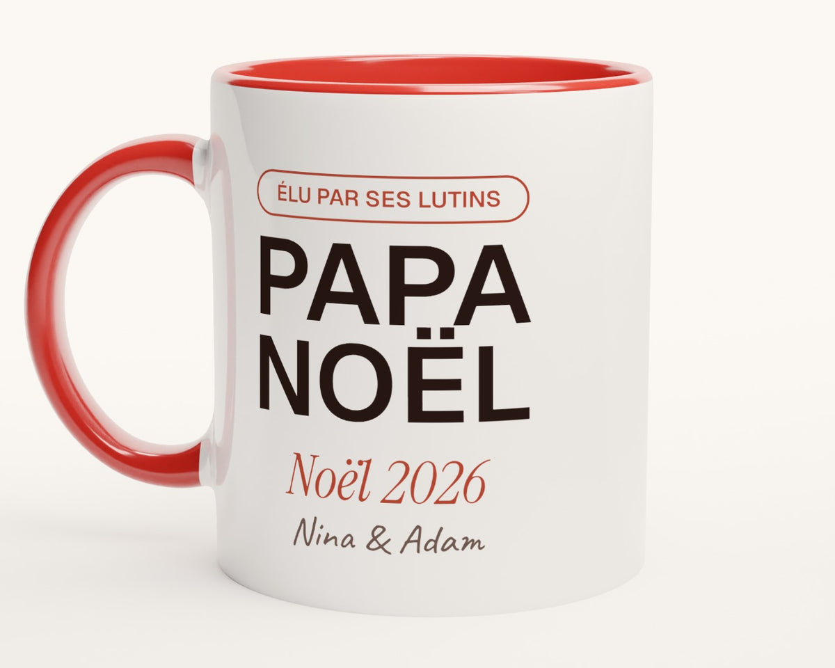 Mug « Papa Noël » personnalisé avec les prénoms des enfants – intérieur et anse rouges