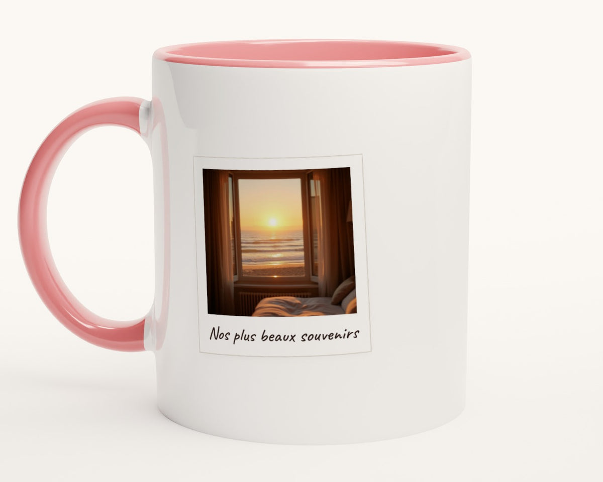 Mug photo polaroid personnalisé avec légende – intérieur et anse roses