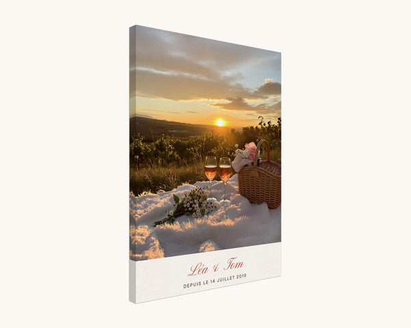 Tableau photo couple personnalisé avec vos prénoms et une date – toile 45 × 60 cm