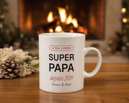 Mug personnalisé « Super Papa » avec l'année et les prénoms