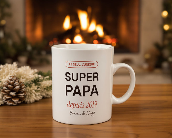 Mug personnalisé « Super Papa » avec l'année et les prénoms