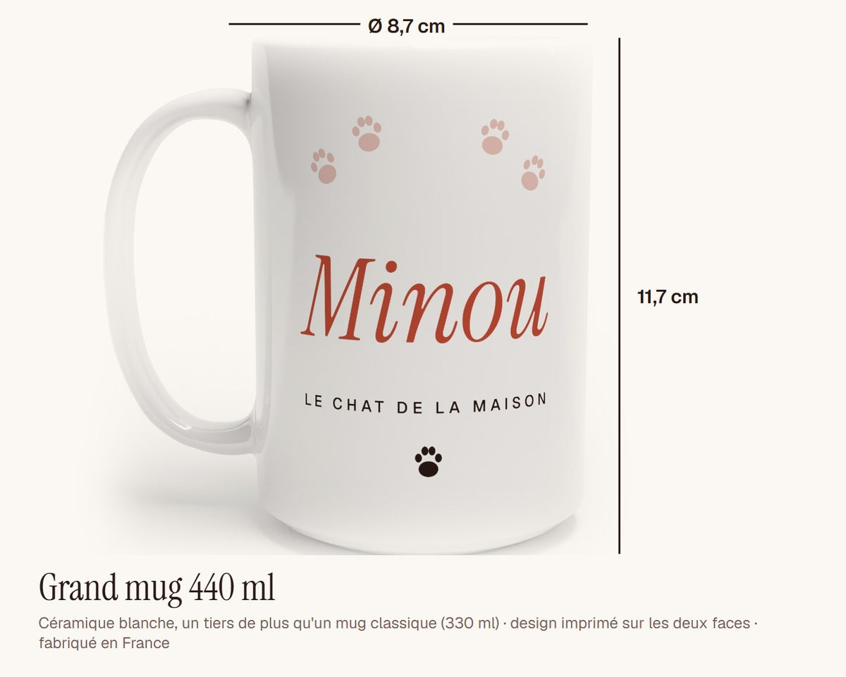 Mug « Le chat de la maison » personnalisé – grand mug 440 ml, 11,7 cm de haut
