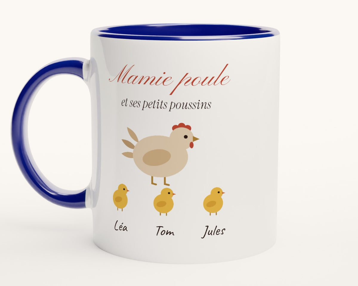 Mug « Mamie poule » personnalisé avec les prénoms des poussins – intérieur et anse bleus