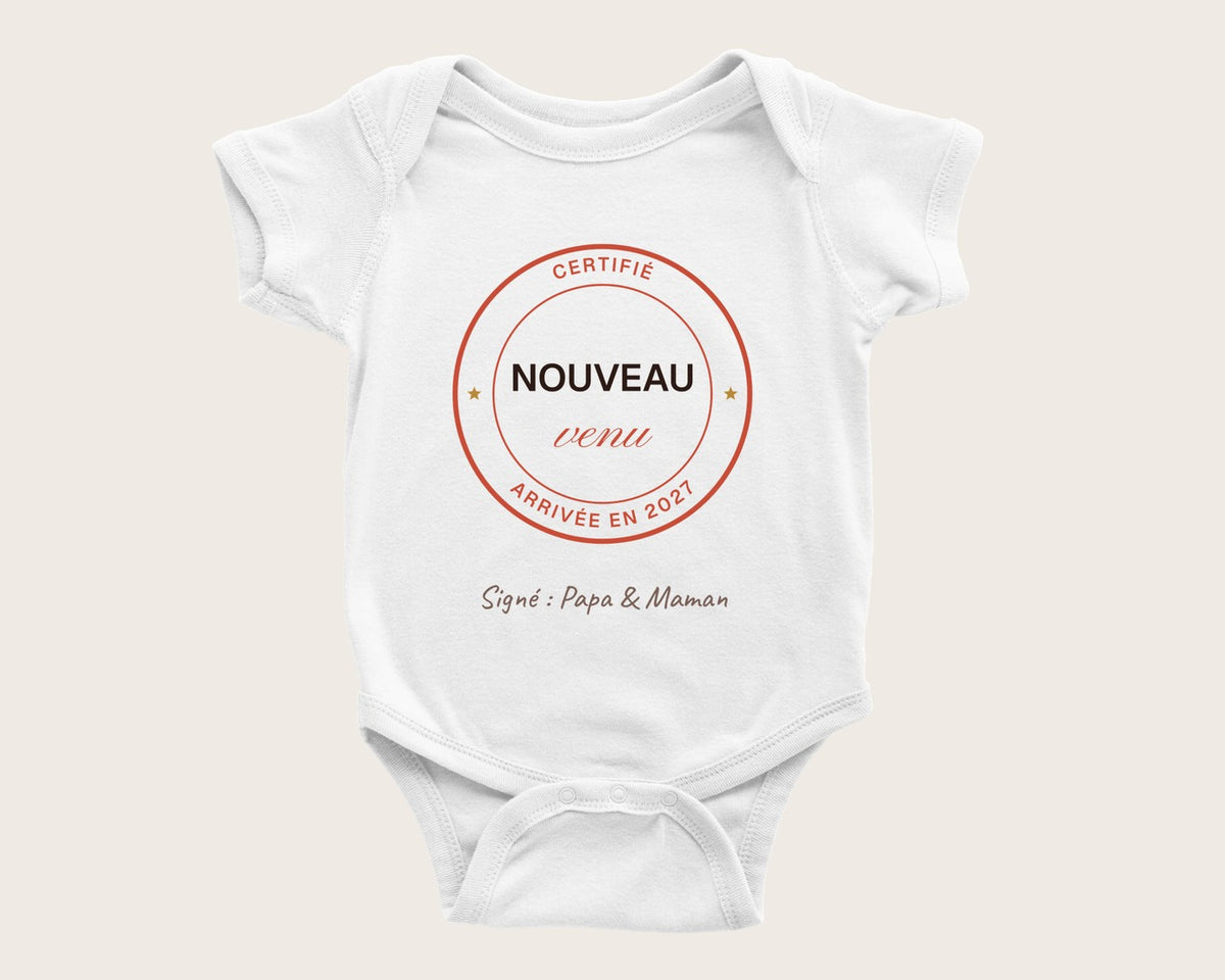 Body bébé annonce de grossesse « Nouveau venu » personnalisé – body manches courtes blanc