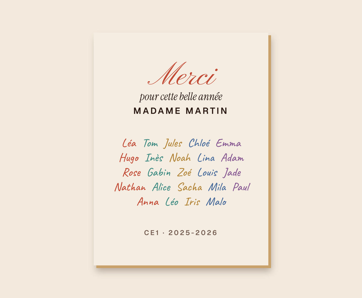 Affiche « Merci » avec les prénoms de toute la classe – Tableau bois 30×40 cm