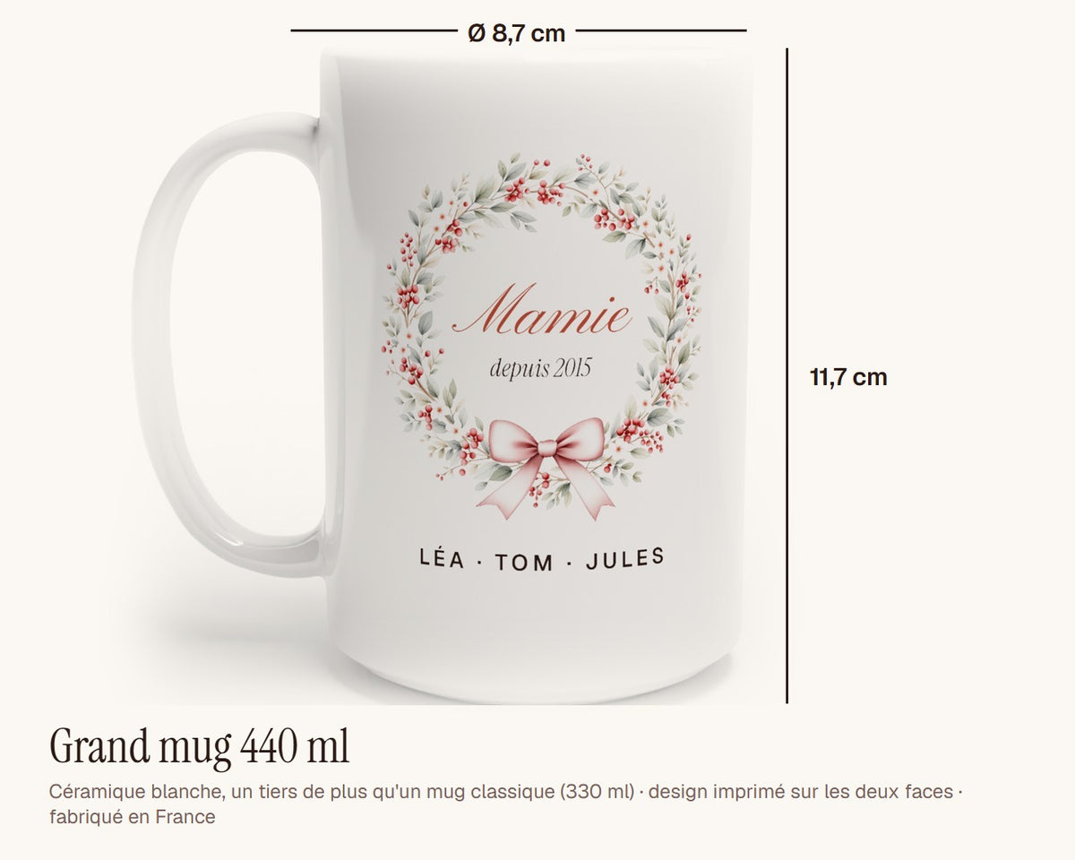 Mug « Mamie » couronne de feuillage personnalisé – grand mug 440 ml, 11,7 cm de haut
