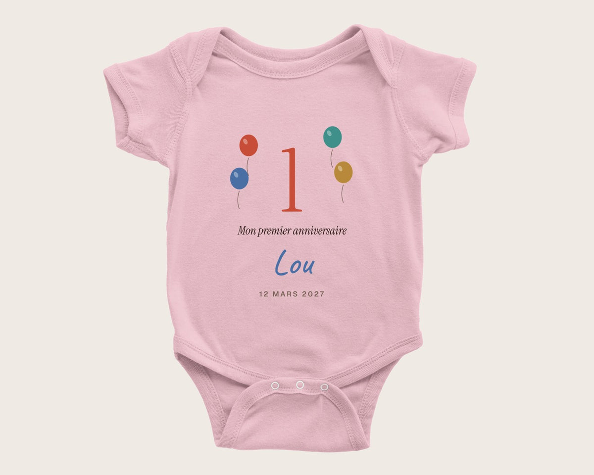 Body « Mon premier anniversaire » personnalisé – body manches courtes rose