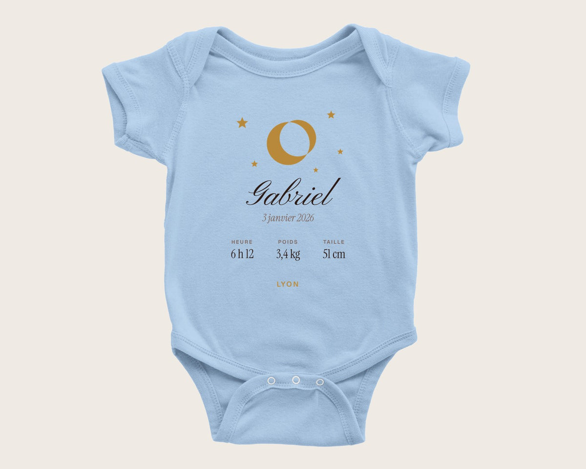 Body bébé personnalisé prénom, date et mensurations – body manches courtes bleu