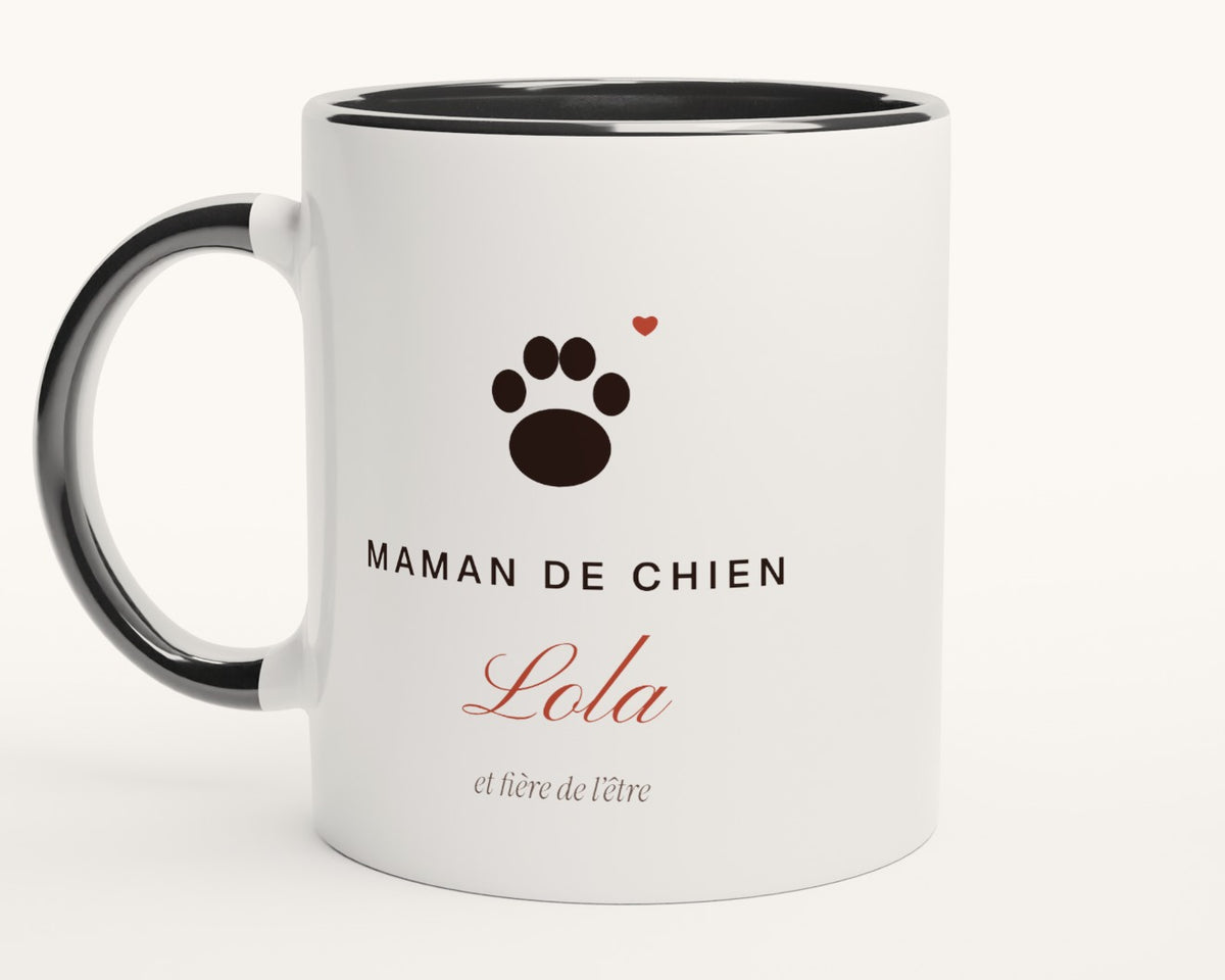 Mug « Maman de chien » personnalisé avec son nom – intérieur et anse noirs