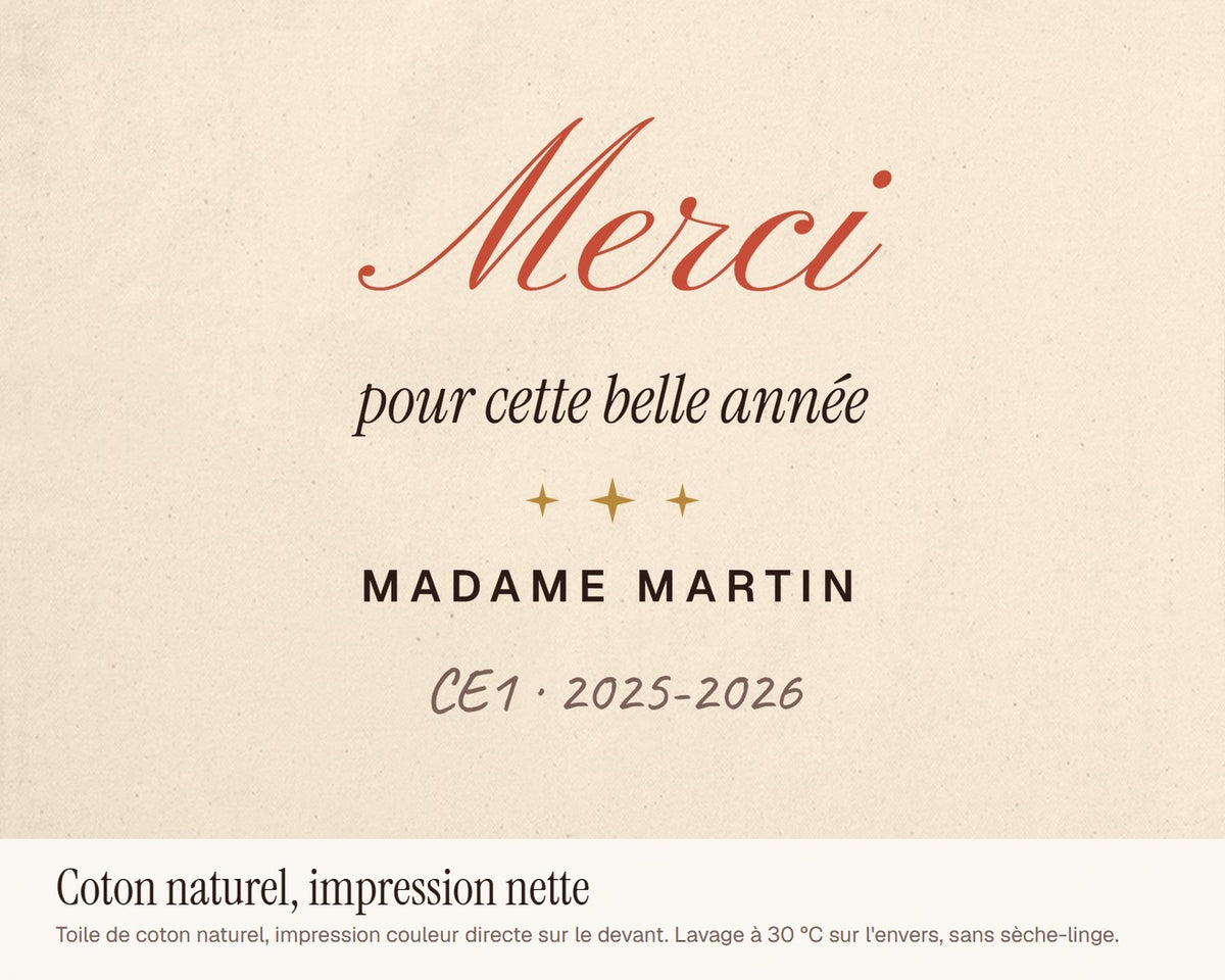 Tote bag personnalisé « Merci » pour professeur – gros plan sur l'impression