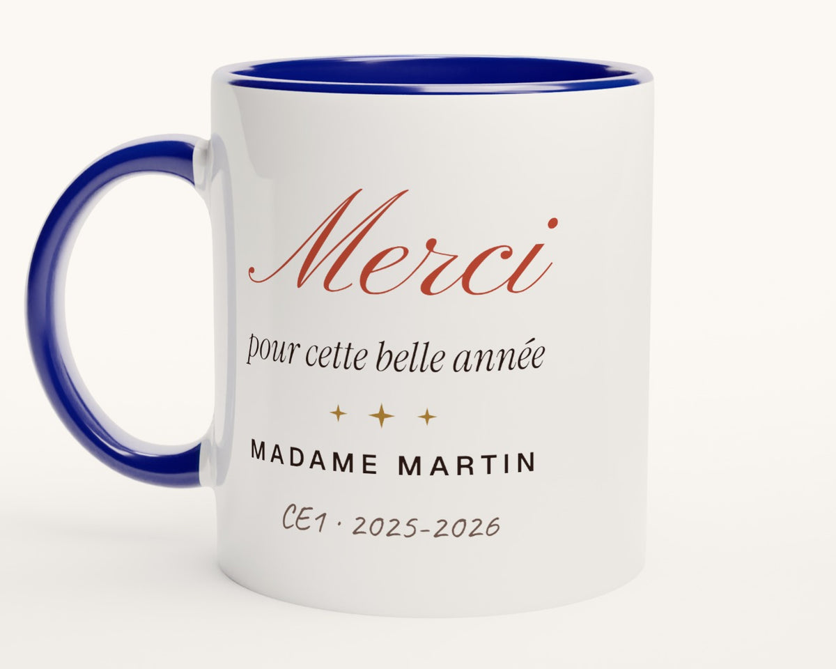 Mug personnalisé « Merci » pour professeur – intérieur et anse bleus