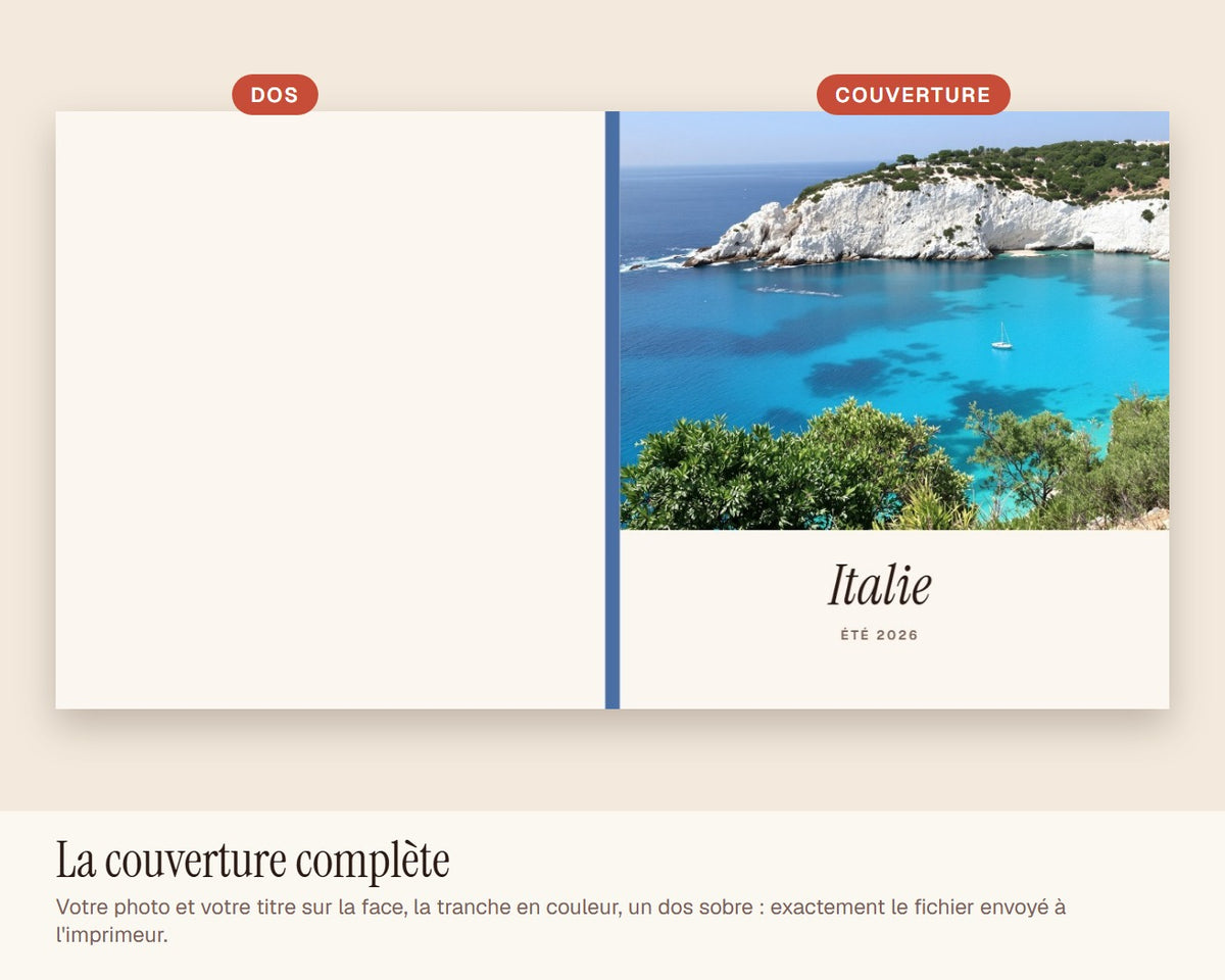 Livre photo de voyage personnalisé – couverture à plat : dos, tranche et face
