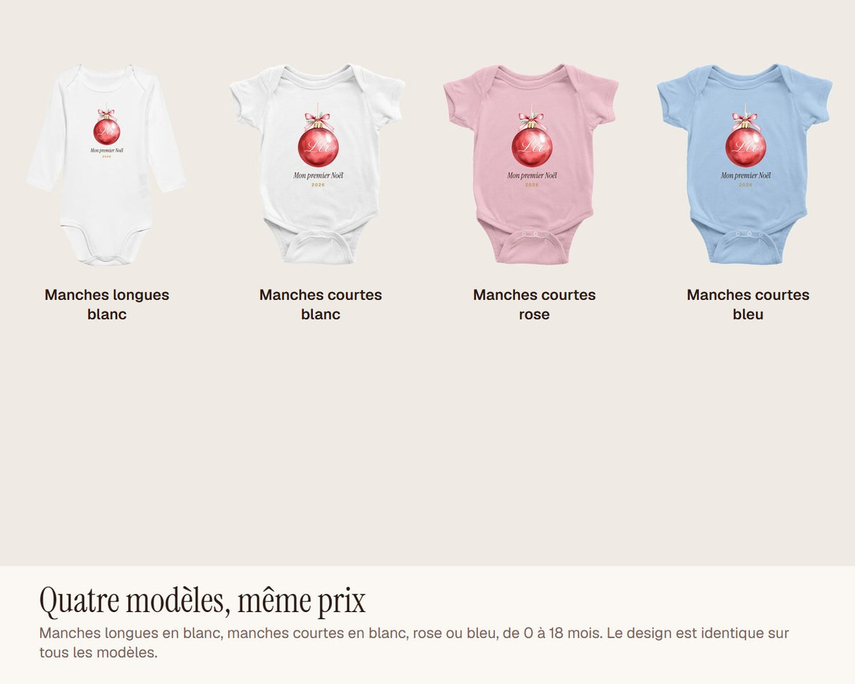 Body bébé « Mon premier Noël » personnalisé avec prénom – les quatre modèles : manches longues blanc, manches courtes blanc, rose et bleu