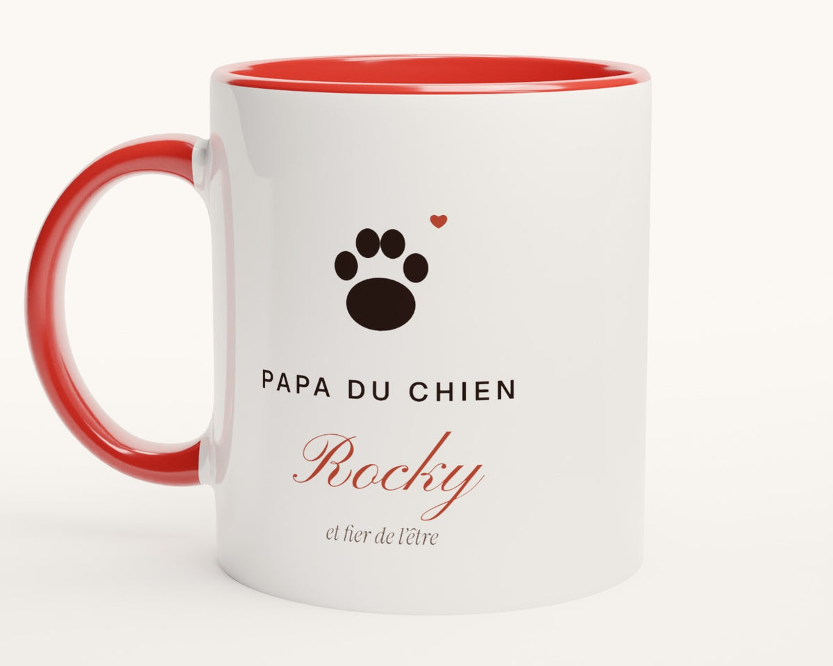 Mug « Papa du chien » personnalisé avec son nom – intérieur et anse rouges
