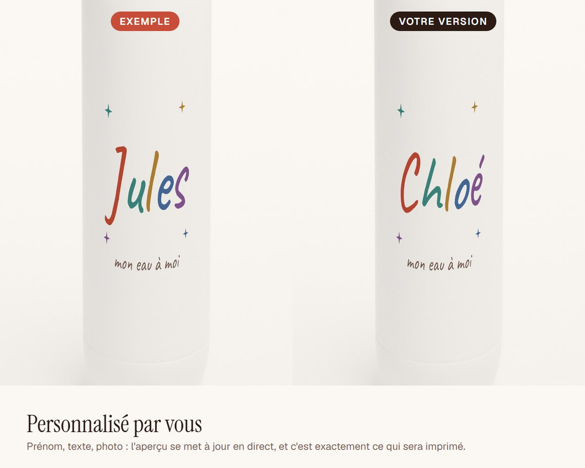 Gourde enfant personnalisée avec son prénom en couleurs – exemple de personnalisation
