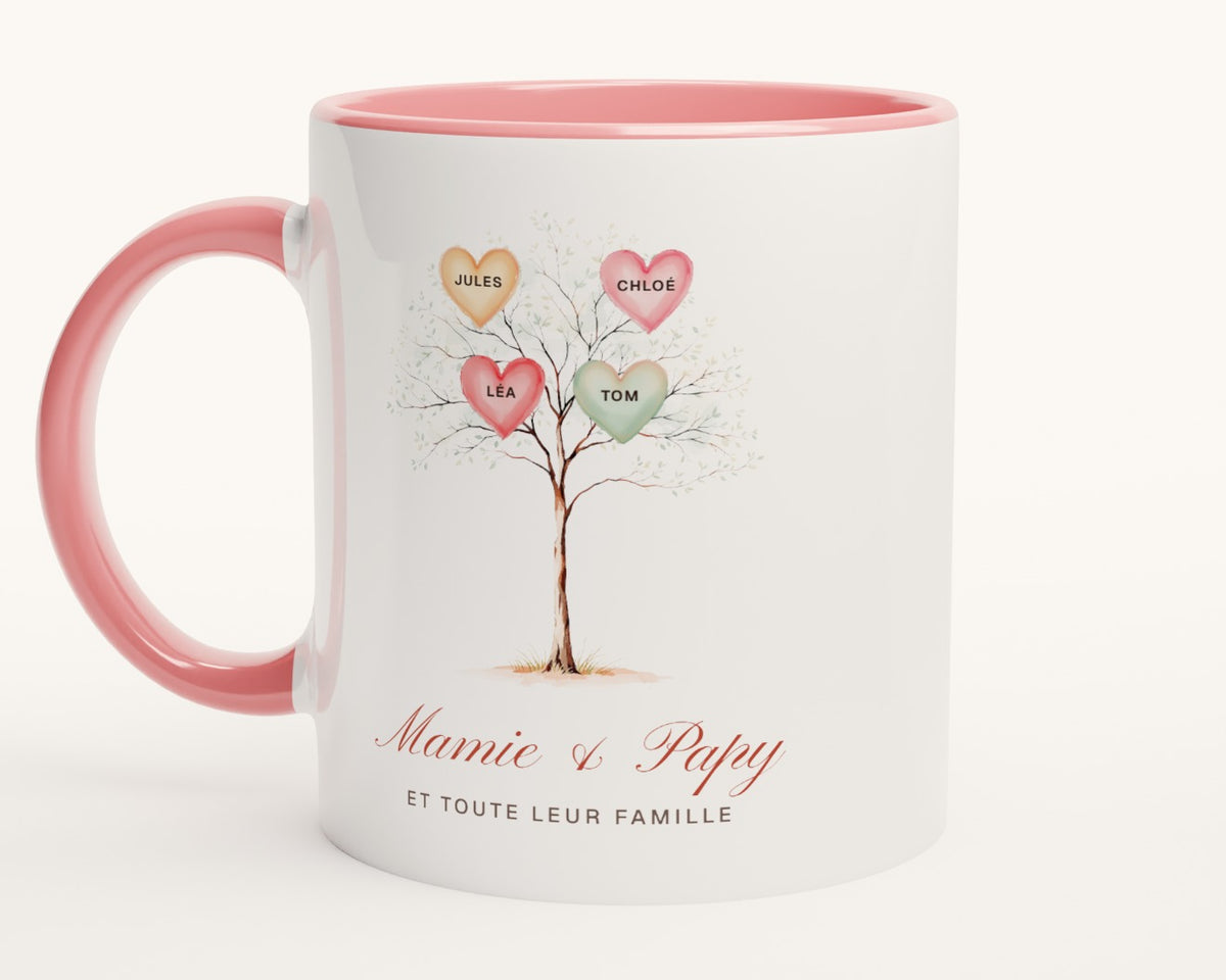 Mug arbre de famille personnalisé « Mamie & Papy » – intérieur et anse roses