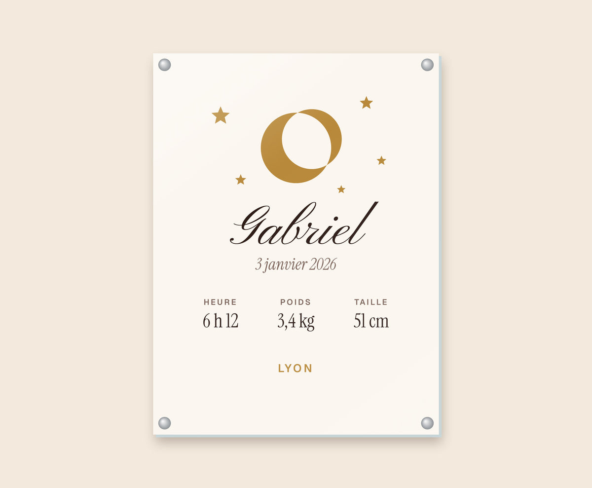 Affiche de naissance « lune et étoiles » personnalisée – Tableau plexi 30×40 cm