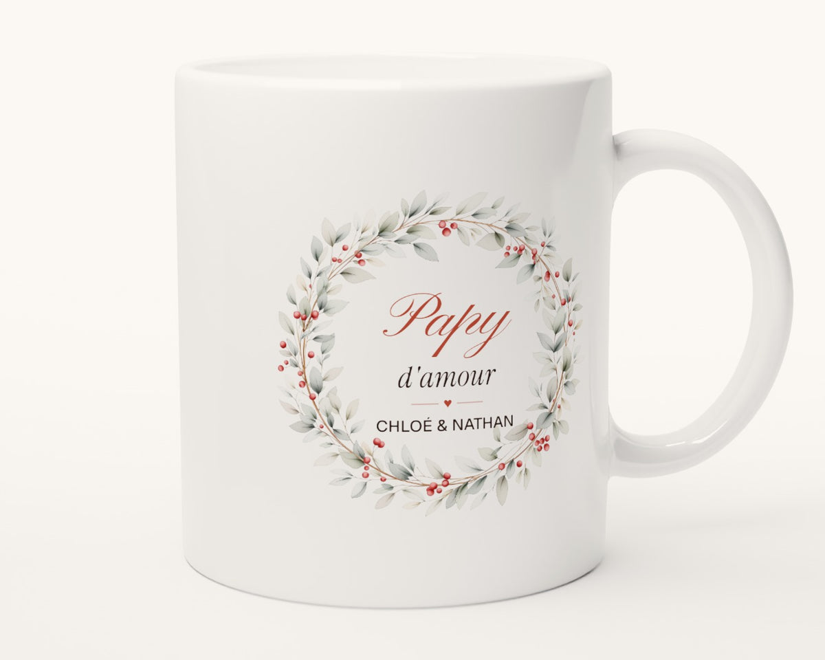 Mug personnalisé « Papy d'amour » avec les prénoms – autre face, anse à droite