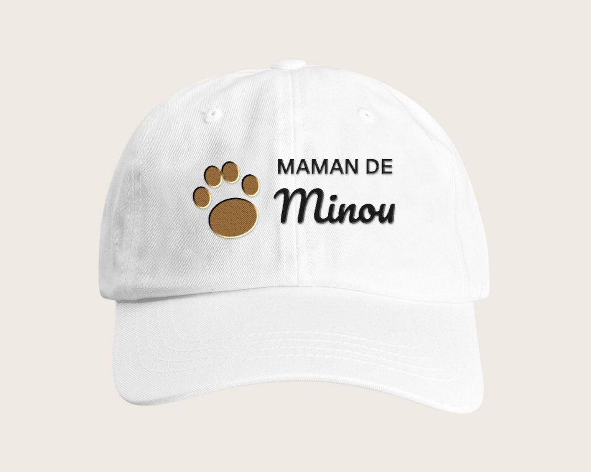 Casquette brodée « Maman de » avec le nom de votre chat – blanc