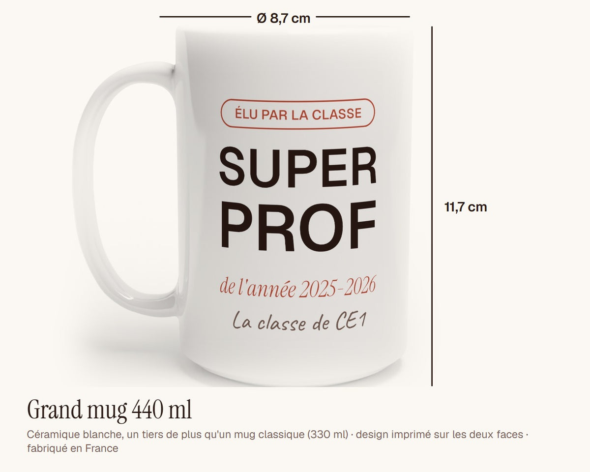 Mug personnalisé « Super prof » de l'année – grand mug 440 ml, 11,7 cm de haut