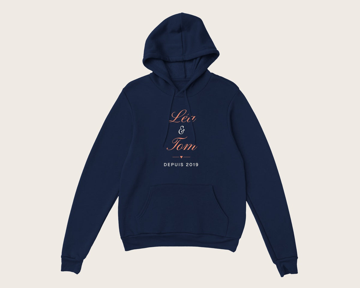 Sweat couple personnalisé avec vos prénoms – sweat à capuche marine