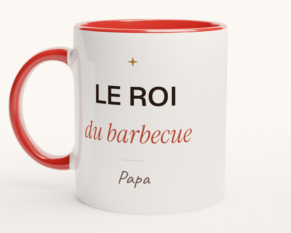 Mug humour « Le roi du barbecue » personnalisé – intérieur et anse rouges