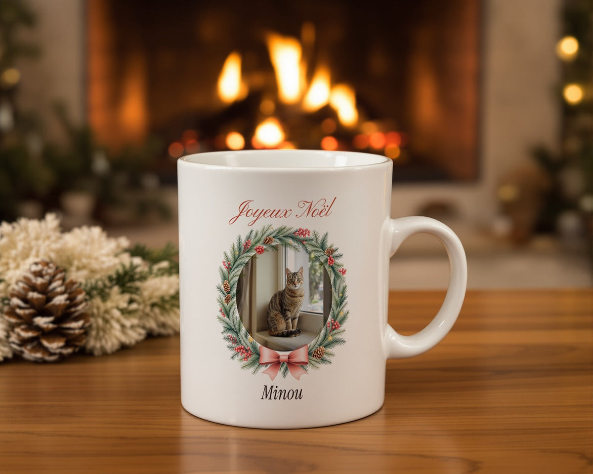Mug de Noël avec la photo de votre chat – mise en situation