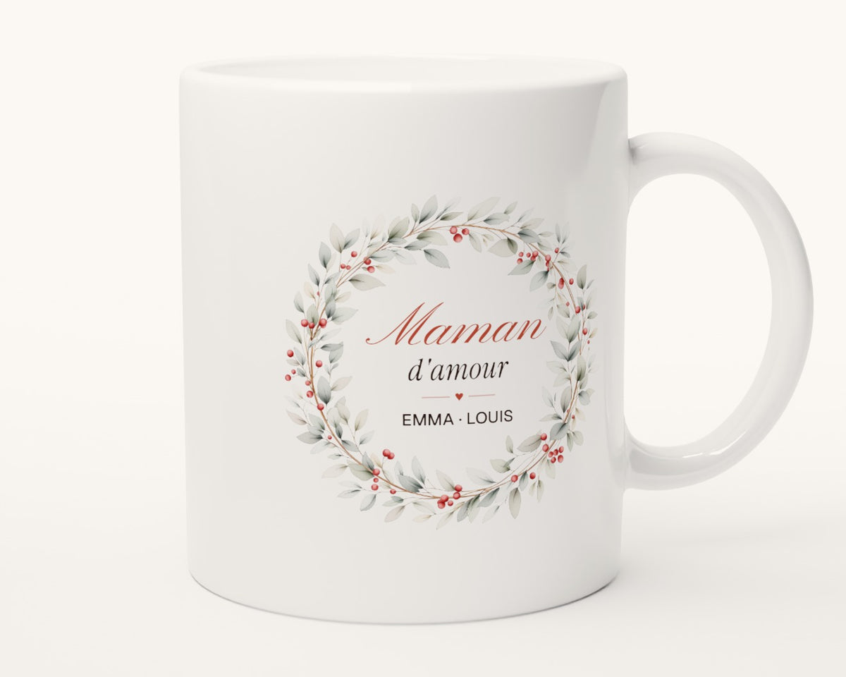 Mug personnalisé « Maman d'amour » avec les prénoms – autre face, anse à droite