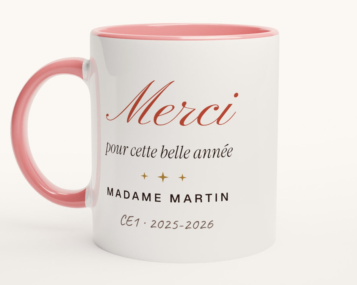 Mug personnalisé « Merci » pour professeur – intérieur et anse roses